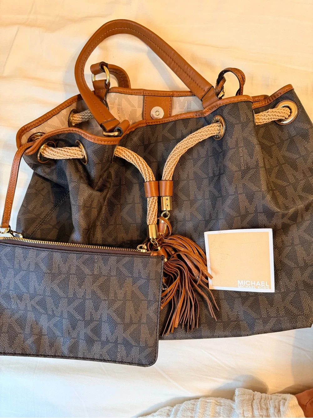 Michael Kors Brown and Tan Logo Drawstring Tote with Wristlet